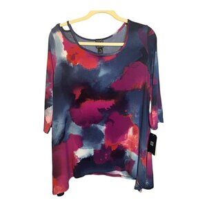 Clara Sun‎ Woo Blouse Women's Petite Large Abstract Pink Blue Lagenlook NEW